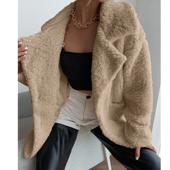 Luxe Solid Teddy Button Pockets Loose Fit Jacket Coat - Picture 4 of 12